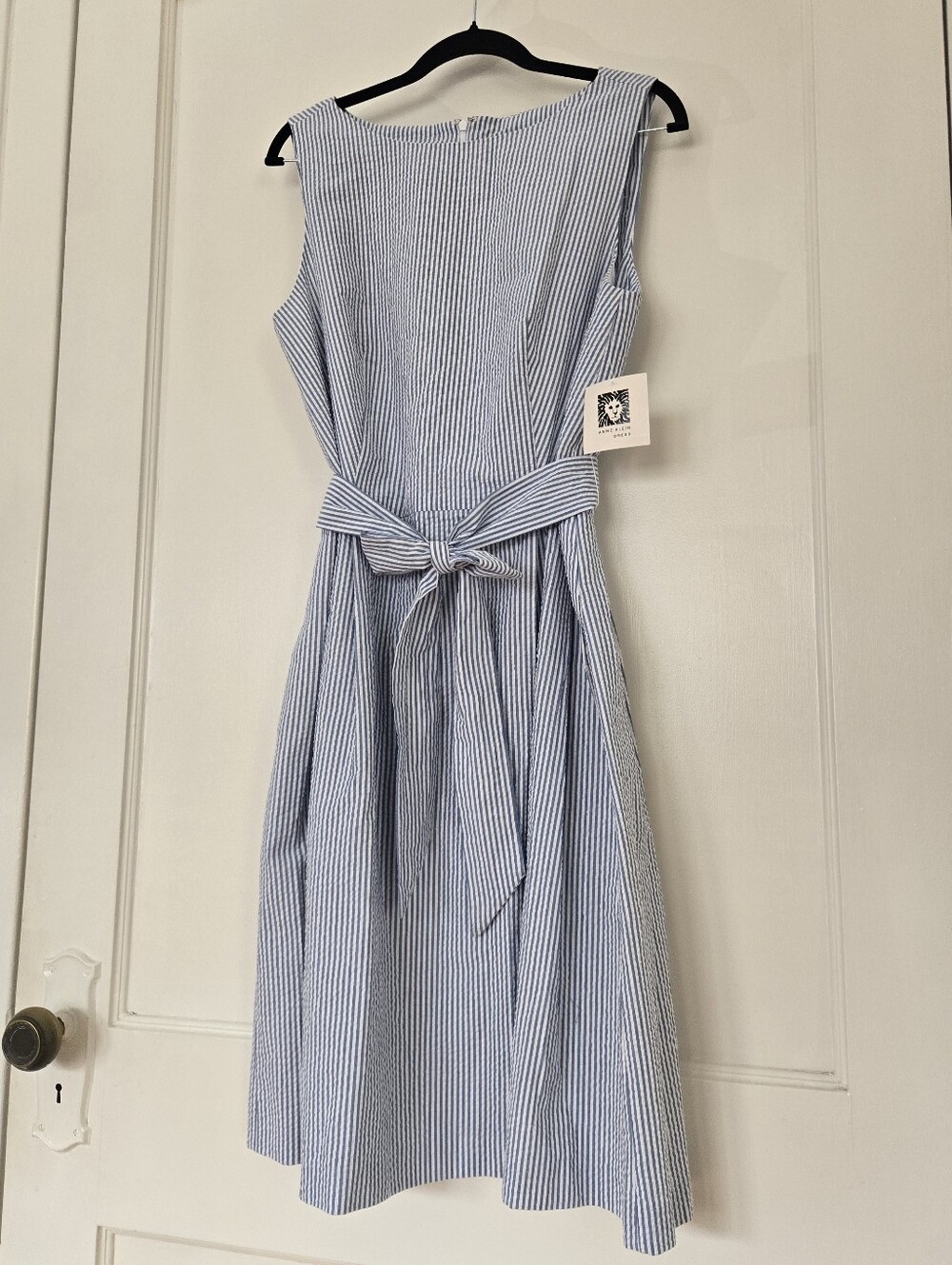 Anne Klein NWT Seersucker Stripe Fit Flare Midi Dress With Pockets 12